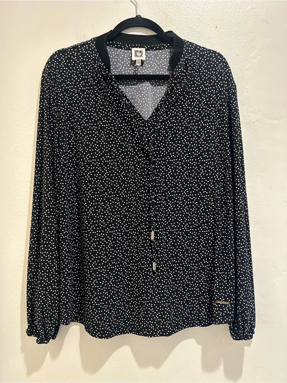 Anne klein Black and White Polka Dot V-Neck Drawstring Blouse Size XL